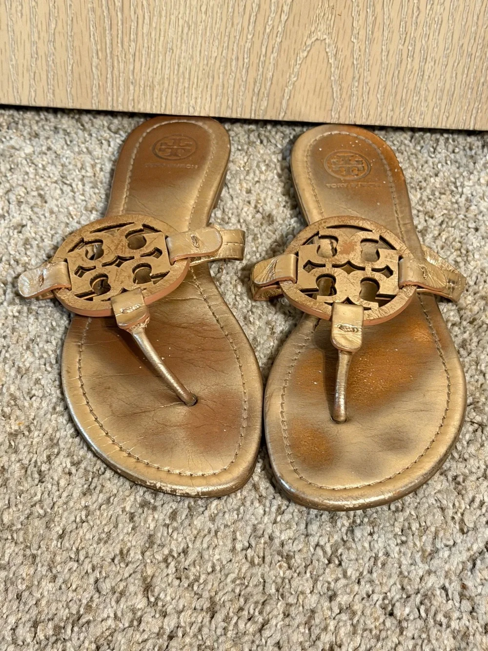 Tory Burch Metallic Bronze Logo Thong Sandals